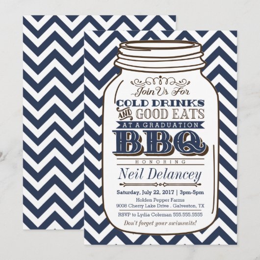 Mason Jar BBQ Afstuderen Invitation, Chevron Navy Kaart (Voorkant / Achterkant)