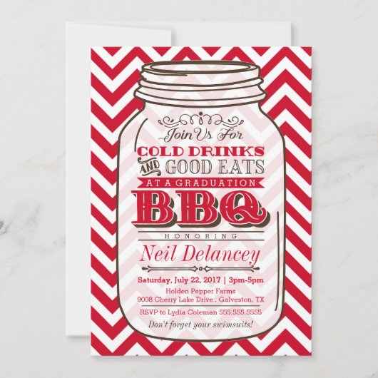 Mason Jar BBQ Afstuderen Invitation, Chevron Red Kaart (Voorkant)