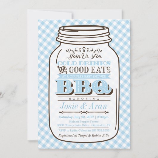 Mason Jar BBQ Invitation, Couples Baby shower Boy Kaart (Voorkant)