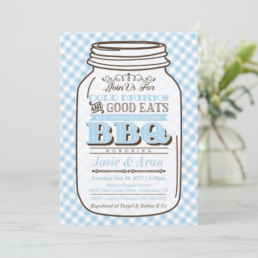 Mason Jar BBQ Invitation, Couples Baby shower Boy Kaart (Staand voorkant)
