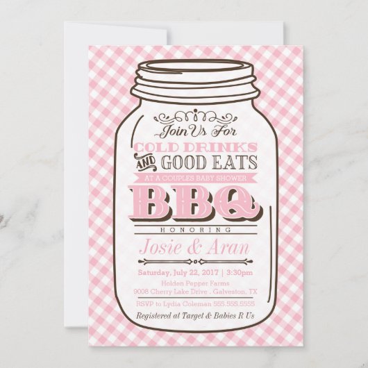 Mason Jar BBQ Invitation, Couples Baby shower Girl Kaart (Voorkant)