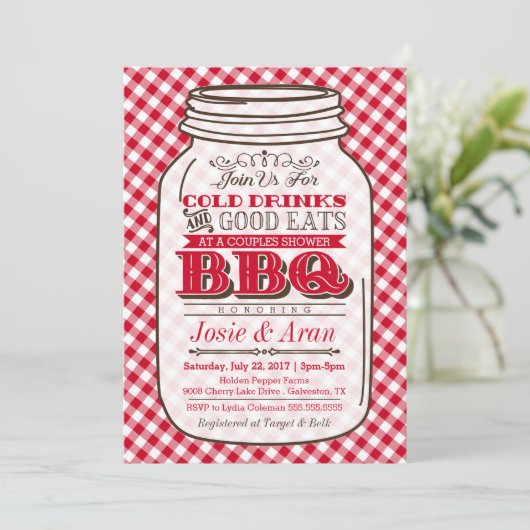 Mason Jar BBQ Invitation, Couples Shower Barbecue Kaart (Staand voorkant)