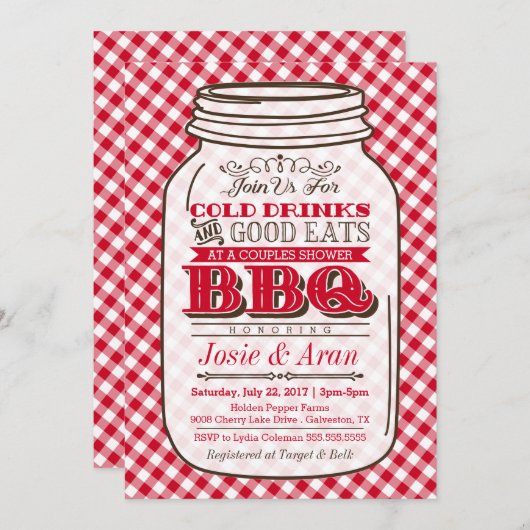 Mason Jar BBQ Invitation, Couples Shower Barbecue Kaart (Voorkant / Achterkant)