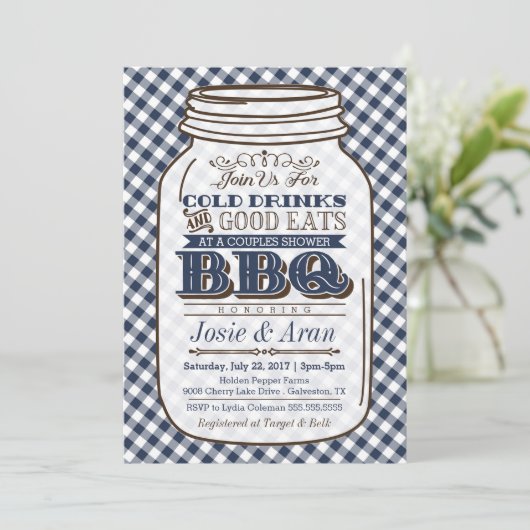 Mason Jar BBQ Invitation, Couples Shower Blue Kaart (Staand voorkant)