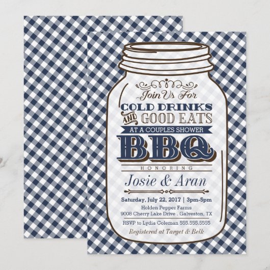 Mason Jar BBQ Invitation, Couples Shower Blue Kaart (Voorkant / Achterkant)
