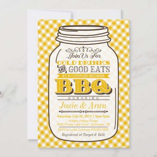 Mason Jar BBQ Invitation, Couples Shower, Yellow Kaart (Voorkant)