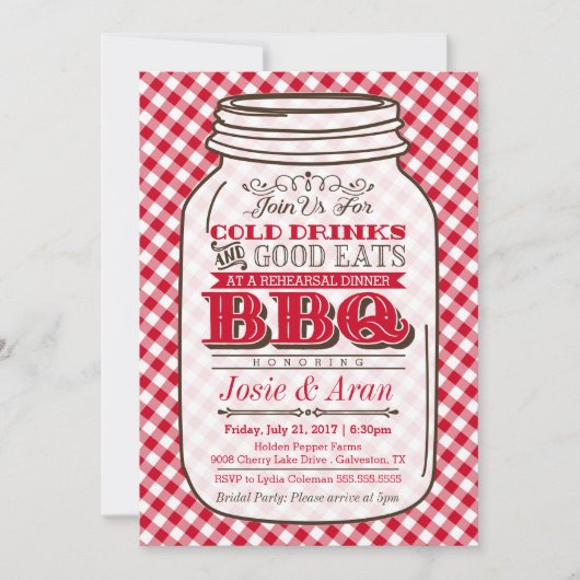 Mason Jar BBQ Invitation, Rehearsal Dinner Invite Kaart (Voorkant)