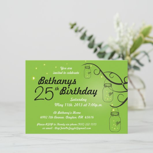 Mason Jar Birthday Invitation in Lime Green Kaart (Staand voorkant)