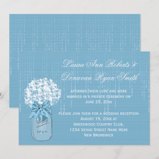Mason Jar Blauw en Wit Bloemen Receptie Kaart (Voorkant / Achterkant)