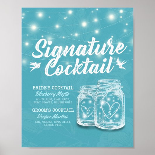 Mason Jar Blauwe Bloemige Trouw Signature Drank Me Poster (Voorkant)