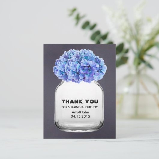 Mason jar blauwe hortensia dank u opmerking horten briefkaart (Staand voorkant)