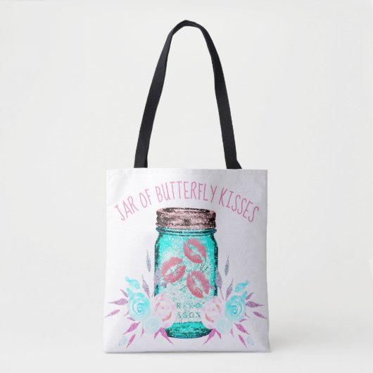 Mason jar bloem en vlinder kus schattig blauw roze tote bag (Voorkant)