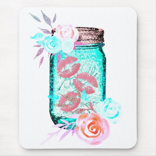 Mason jar bloem vlinder kus schattig roze lip blau muismat (Voorkant)