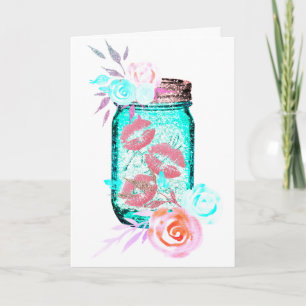 Mason jar bloem vlinder kus schattig roze lippen kaart
