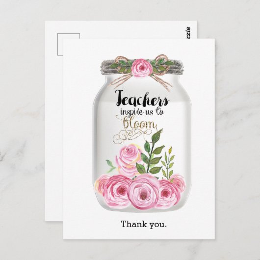 Mason Jar Bloemen Bedankt Leraar Briefkaart (Voorkant / Achterkant)
