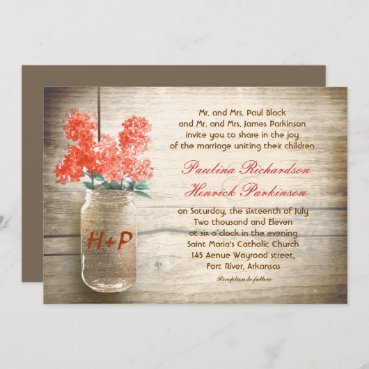 mason jar & bloemen bruiloft uitnodiging (Voorkant / Achterkant)