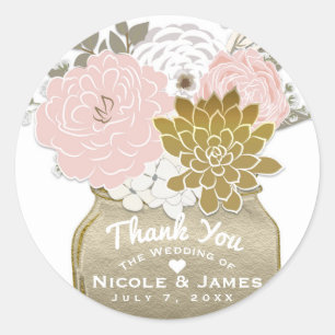 Mason Jar Bloemen Landelijke Bloemen Roze & Goud C Ronde Sticker