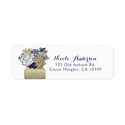 Mason Jar Bloemen Rustic Blauw Goud Bloemmotief Ch Etiket (Voorkant)