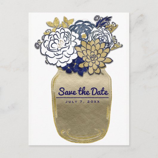 Mason Jar Bloemen Rustic Blauw Goud Save the Date Aankondigingskaart (Voorkant)