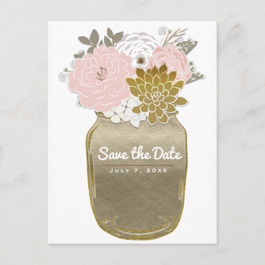 Mason Jar Bloemen Rustic Roze Goud Save the Date Aankondigingskaart (Voorkant)