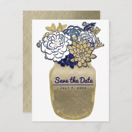 Mason Jar Bloemen Rustiek Blauw Goud Save the Date Aankondigingskaart (Voorkant / Achterkant)