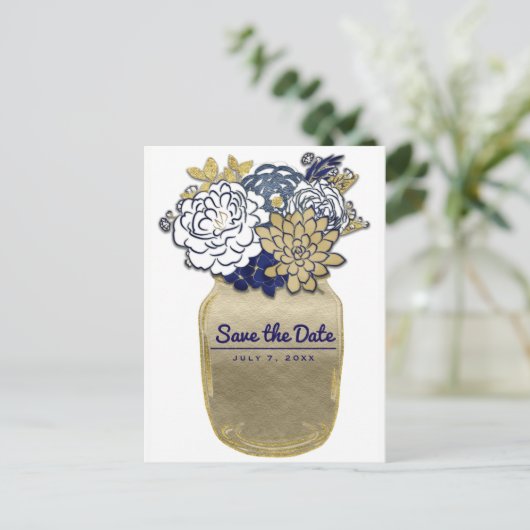 Mason Jar Bloemen Rustiek Blauw Goud Save the Date Aankondigingskaart (Staand voorkant)