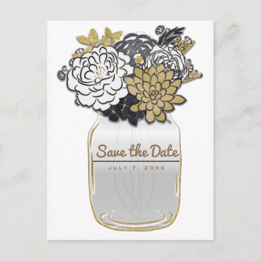 Mason Jar Bloemen Rustiek Grijs Goud Save the Date Aankondigingskaart (Voorkant)