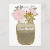Mason Jar Bloemen Rustiek Roze Goud Save the Date Aankondigingskaart (Voorkant)