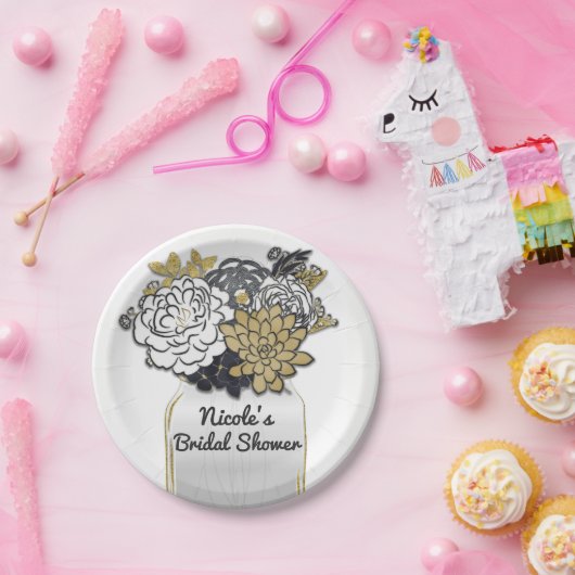 Mason Jar Bloemen Rustieke Bloemen Grijs & Goud Ch Papieren Bordje (Feest)