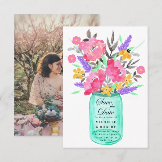Mason Jar Bloemenboeket Save The Date Kaart (Voorkant / Achterkant)