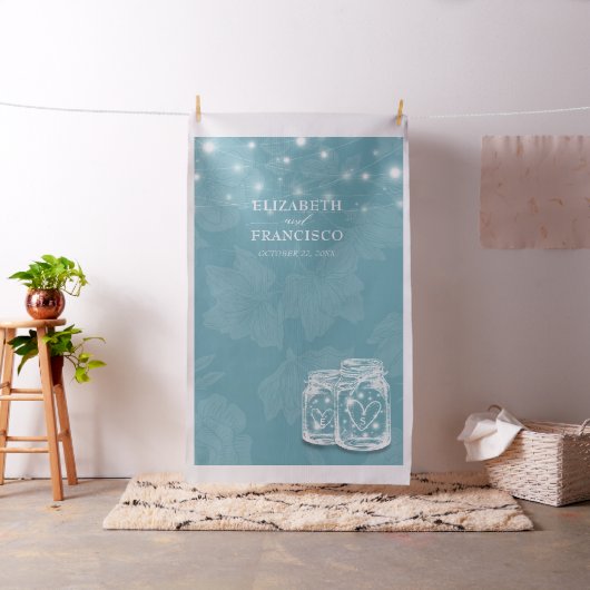Mason Jar Blue Floral Wedding Photo Booth Backdrop Stof (Voorbeeld)