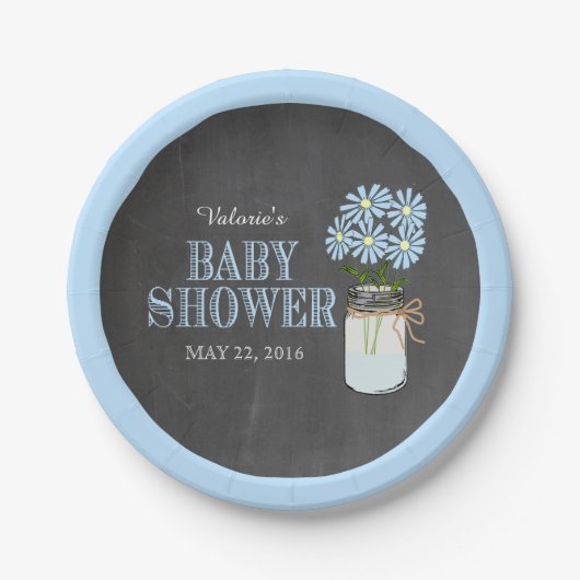 Mason Jar Blue Flowers Chalkboard Baby shower Papieren Bordje (Voorkant)