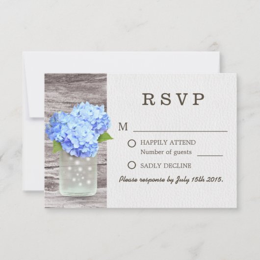 Mason Jar Blue Hydrangea Barn Wood Wedding RSVP Kaartje (Voorkant)