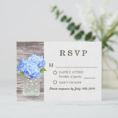 Mason Jar Blue Hydrangea Barn Wood Wedding RSVP Kaartje (Staand voorkant)
