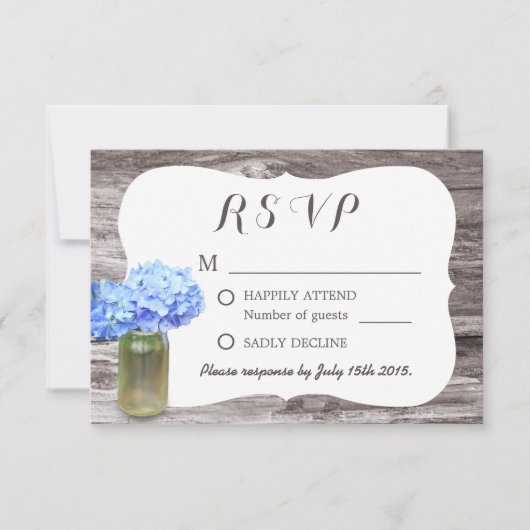 Mason Jar Blue Hydrangea Wood Weddenschap RSVP (Voorkant)