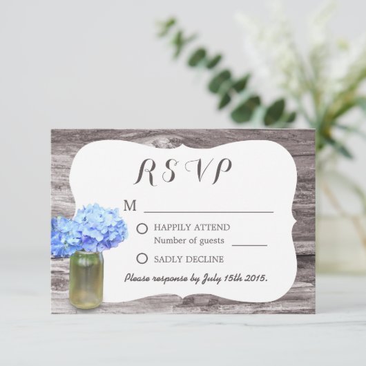 Mason Jar Blue Hydrangea Wood Weddenschap RSVP (Staand voorkant)