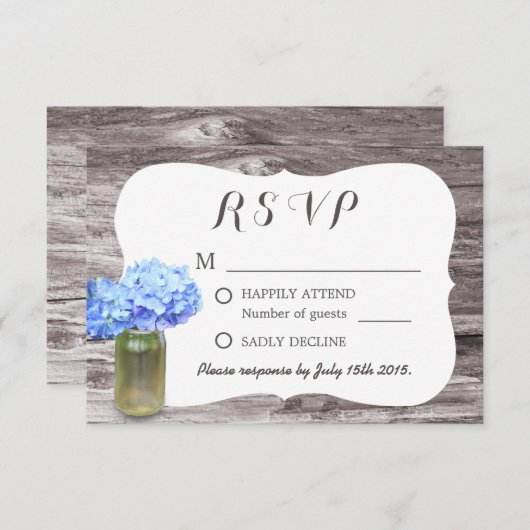 Mason Jar Blue Hydrangea Wood Weddenschap RSVP (Voorkant / Achterkant)