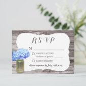 Mason Jar Blue Hydrangea Wood Weddenschap RSVP Kaartje (Staand voorkant)