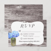 Mason Jar Blue Hydrangea Wood Weddenschap RSVP Kaartje (Voorkant / Achterkant)