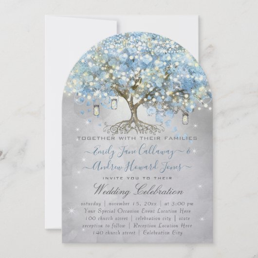 Mason Jar Blue Silver Heart Leaf Tree Fairight Lig Kaart (Voorkant)