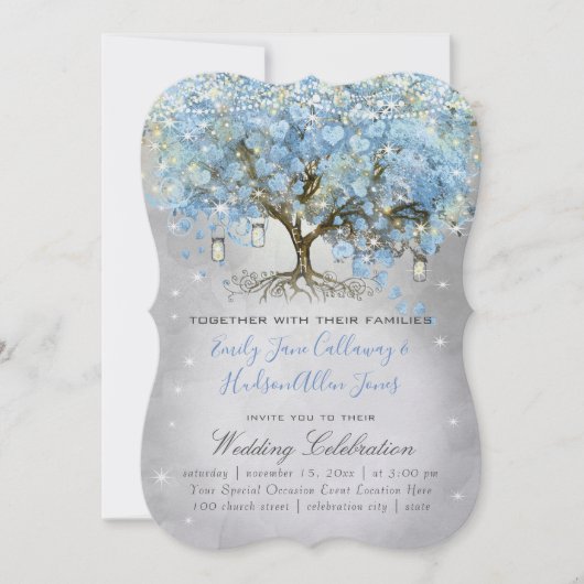 Mason Jar Blue Silver Heart Leaf Tree Fairight Lig Kaart (Voorkant)