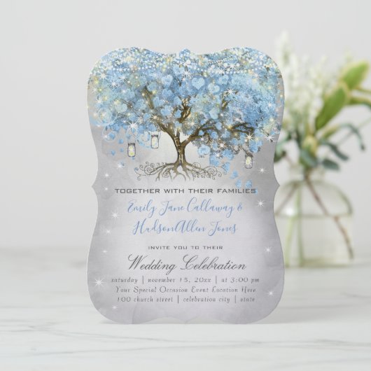 Mason Jar Blue Silver Heart Leaf Tree Fairight Lig Kaart (Staand voorkant)
