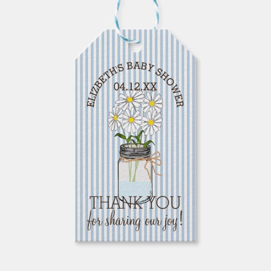 Mason Jar Blue Stripes Baby shower Dank je wel Cadeaulabel (Voorkant)