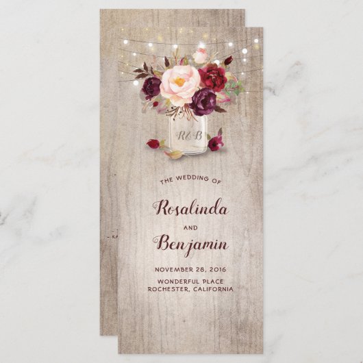 Mason Jar Bourgondië Bloemen Rustieke Trouwprogram Programmakaart (Voorkant / Achterkant)