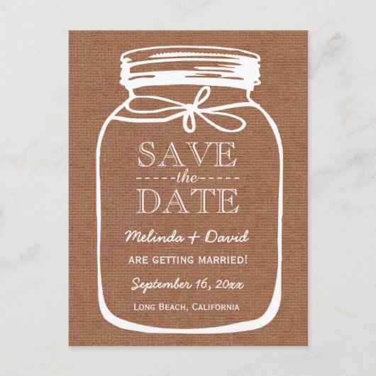 Mason Jar Brown Burlap Save the Date Wedding A08 Aankondigingskaart (Voorkant)