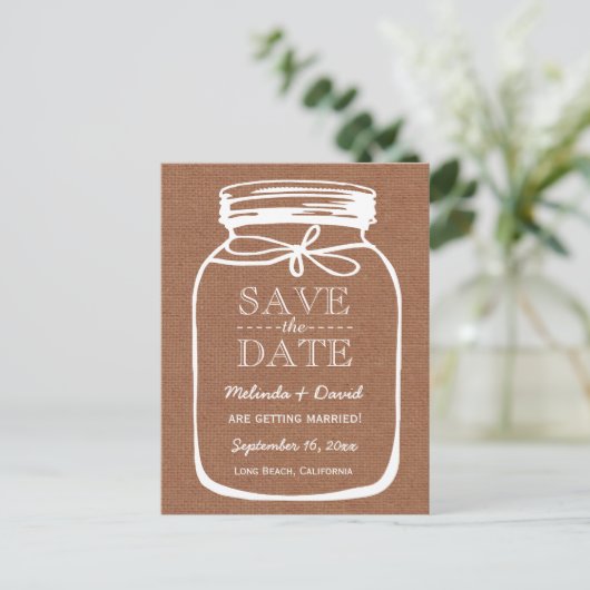 Mason Jar Brown Burlap Save the Date Wedding A08 Aankondigingskaart (Staand voorkant)