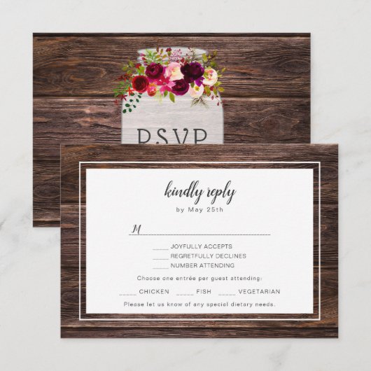 Mason jar burgundy bruiloft RSVP + keuze van de pa (Voorkant / Achterkant)