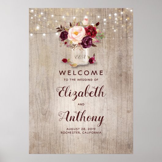 Mason Jar Burgundy Floral Wedding Welkom Poster (Voorkant)
