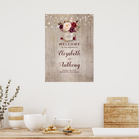 Mason Jar Burgundy Floral Wedding Welkom Poster (Keuken)