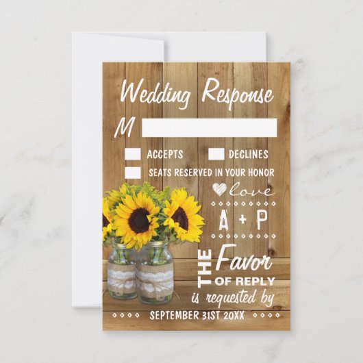 Mason Jar Burlap Kant Zonnebloem Bruiloft RSVP Kaa (Voorkant)